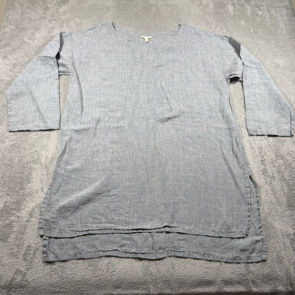 Eileen Fisher 100% Linen Tunic Top Women Large Blue Boat Neck 3/4 Sleeve Summer